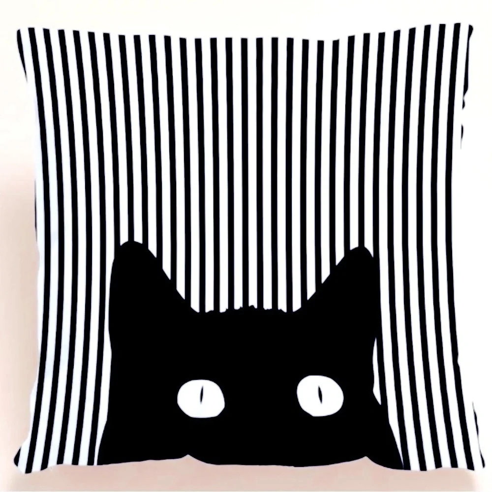 Cat Theme Pillow Cover Zippered Decorative Square Black White 17.7 in X 17.7 in